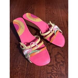 MICHAEL SIMON VTG Collage by Michael Simon Pink Flamingo Slip On Wedge Sandals 9